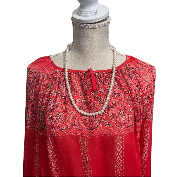 Lucky Brand Women Orange Floral Aztec Long Sleeve Peasant Top Sz M Boho Coverup - Picture 1 of 9